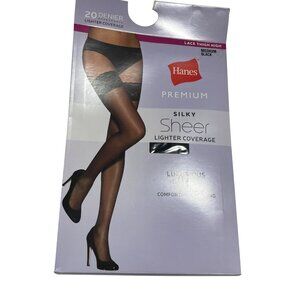 Hanes Premium Silky Sheer Lace Thigh Highs Medium‎ Black Nylon/Spandex